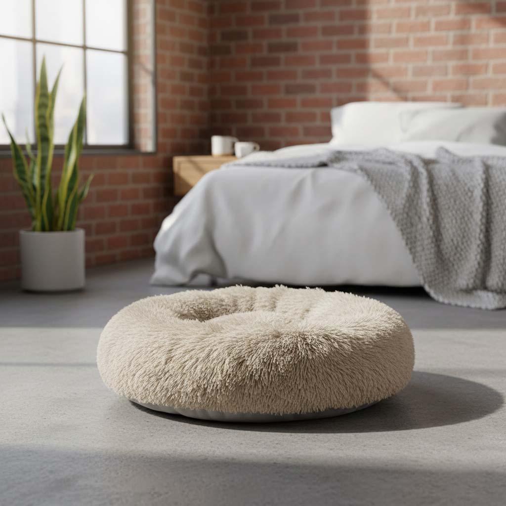 Round Pet Bed Plush Donut Dog Cat Cushion Raised Rim S M L XL Washable Cover Indoor Calming Nest Bolster | Koossa