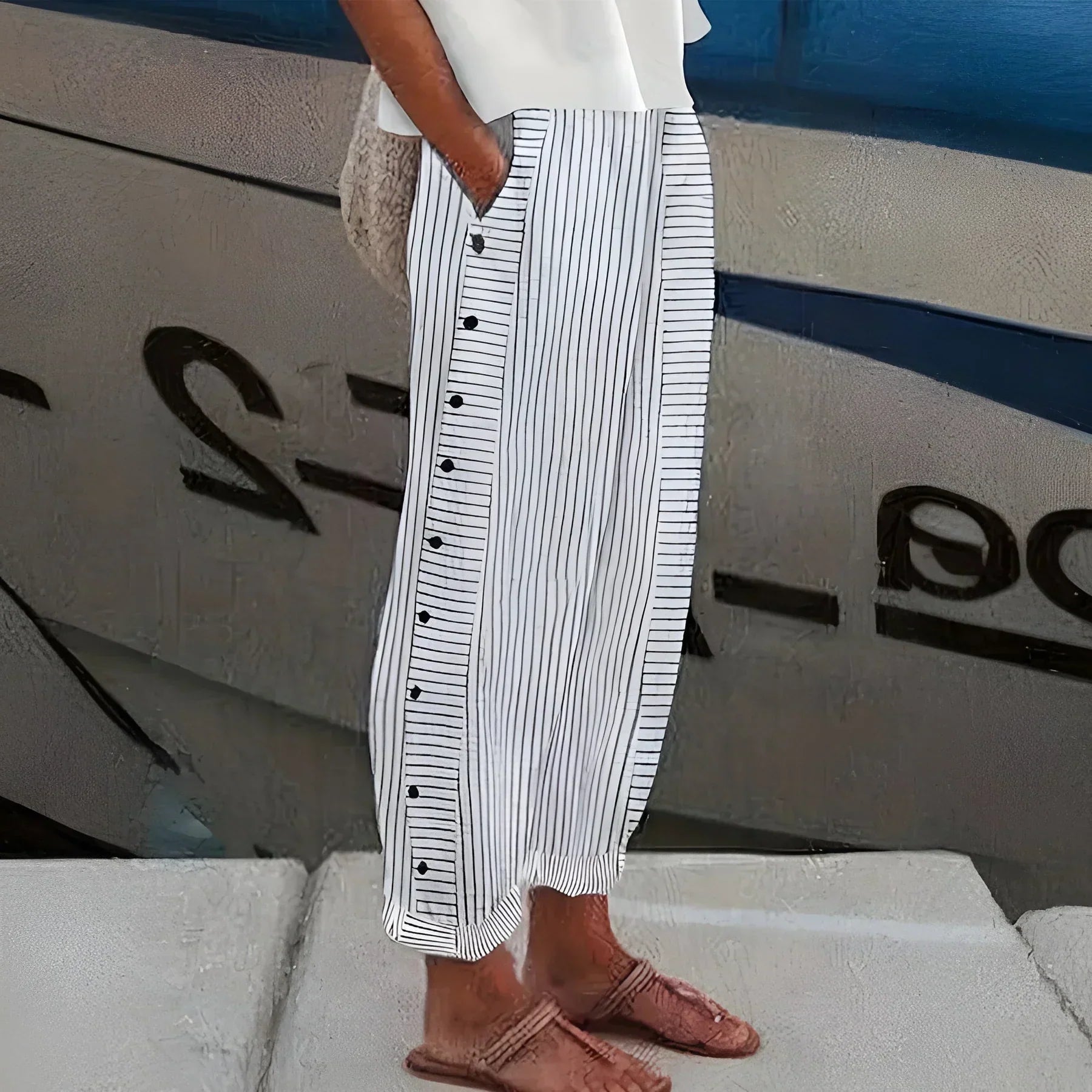 Women's Lightweight Striped Linen-Blend Trousers with Elasticated Waist in Blue, Black & Grey – Relaxed Fit Summer Travel Bottoms for Holiday & Casual Wear | Koossa