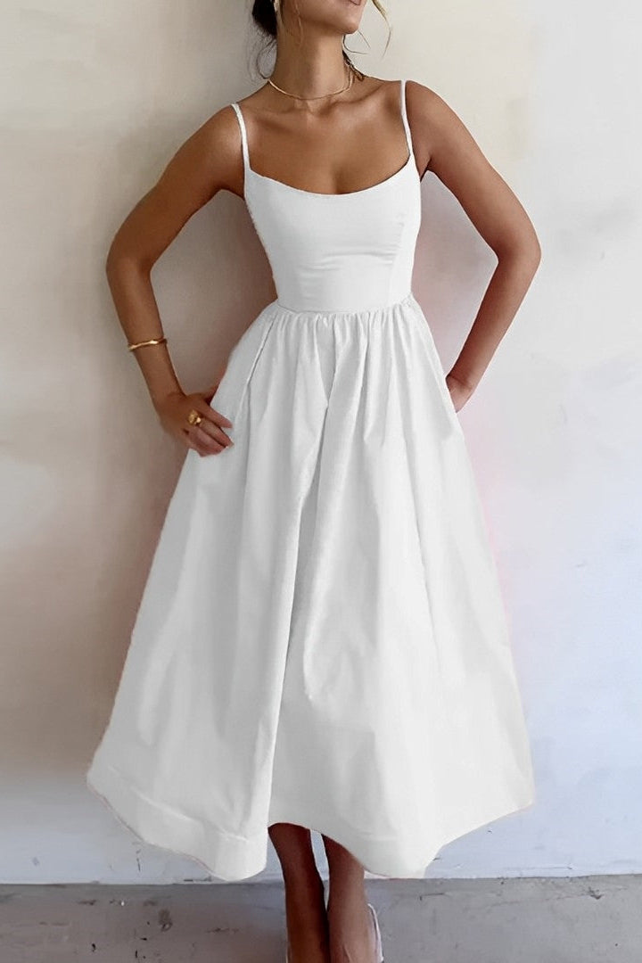 Fitted Spaghetti Strap Midi Dress with Flared Skirt in White, Lilac & Pink | Koossa