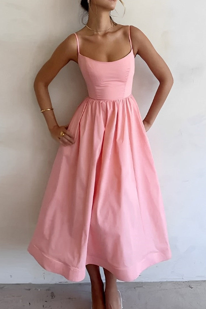 Fitted Spaghetti Strap Midi Dress with Flared Skirt in White, Lilac & Pink | Koossa
