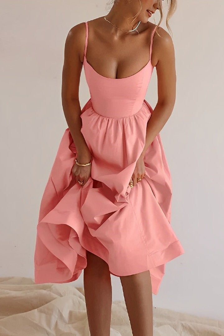 Fitted Spaghetti Strap Midi Dress with Flared Skirt in White, Lilac & Pink | Koossa