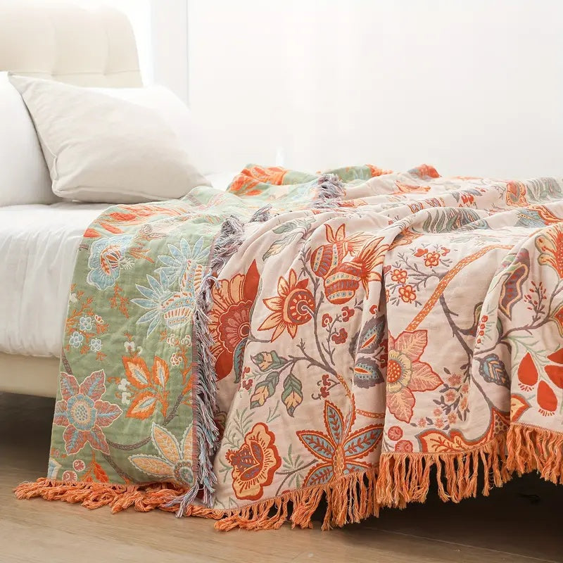 Plaid en Coton à Motifs Floraux Bohème – Crème, Orange et Bleu avec Franges – Pour Canapé, Lit et Fauteuil | Koossa