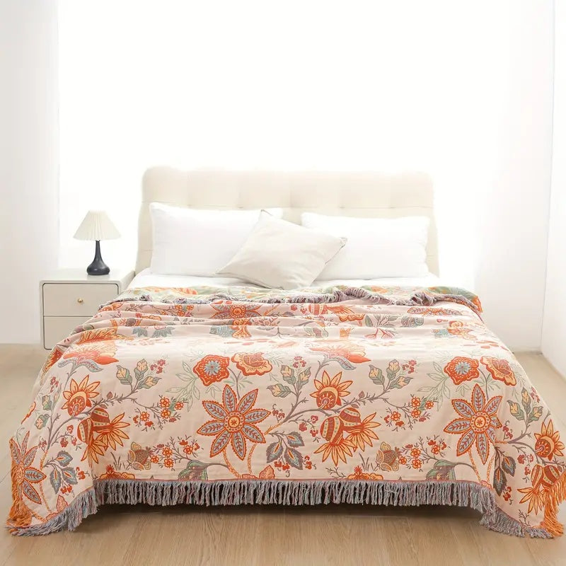 Plaid en Coton à Motifs Floraux Bohème – Crème, Orange et Bleu avec Franges – Pour Canapé, Lit et Fauteuil | Koossa