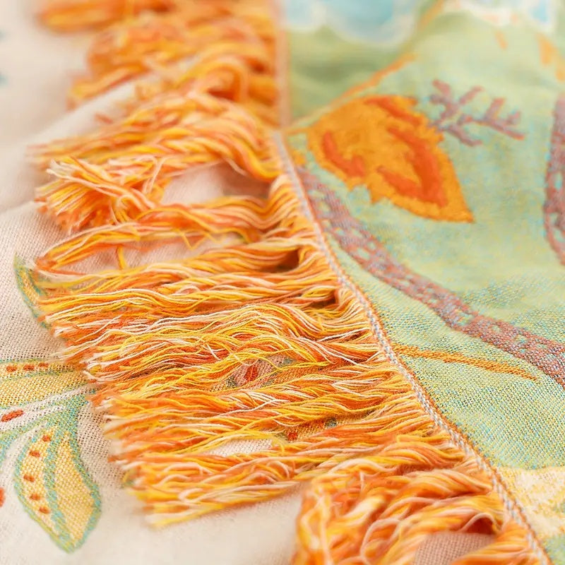 Plaid en Coton à Motifs Floraux Bohème – Crème, Orange et Bleu avec Franges – Pour Canapé, Lit et Fauteuil | Koossa