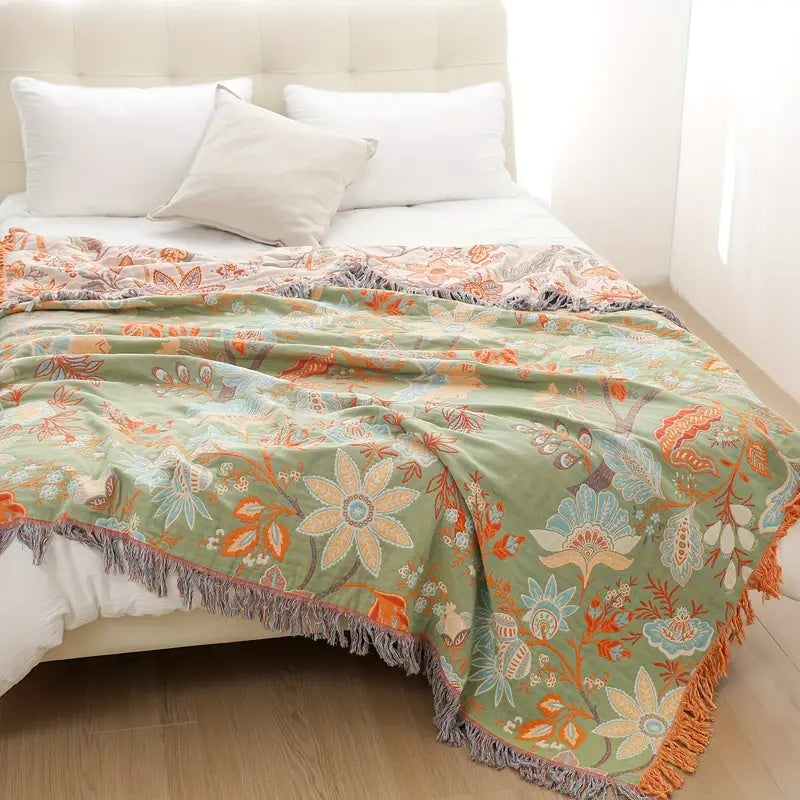 Plaid en Coton à Motifs Floraux Bohème – Crème, Orange et Bleu avec Franges – Pour Canapé, Lit et Fauteuil | Koossa