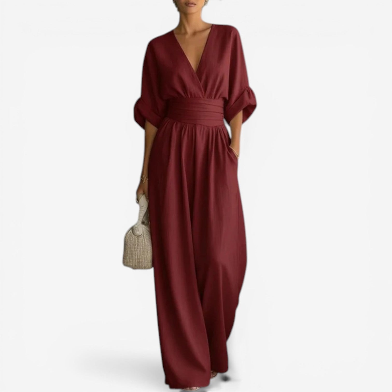 Women's Flowing Wide-Sleeve Jumpsuit with Cinched Waist in Light Blue | Tailored Leg Relaxed Fit V-Neck One-Piece Summer Outfit | Koossa
