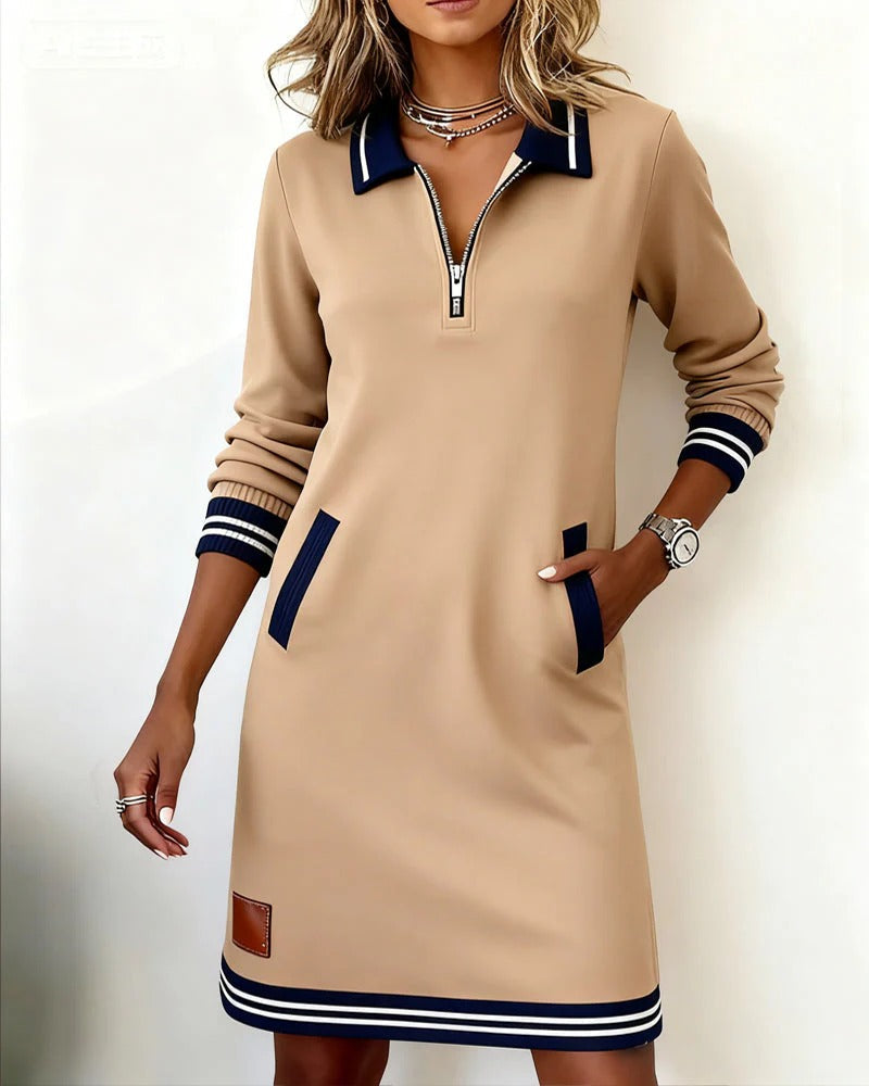 Women's Cotton Blend Shirt Dress with Lapel Collar and Front Zip in Grey | Autumn Casual Smart Comfortable Long Sleeve Midi Dress with Pockets | Koossa