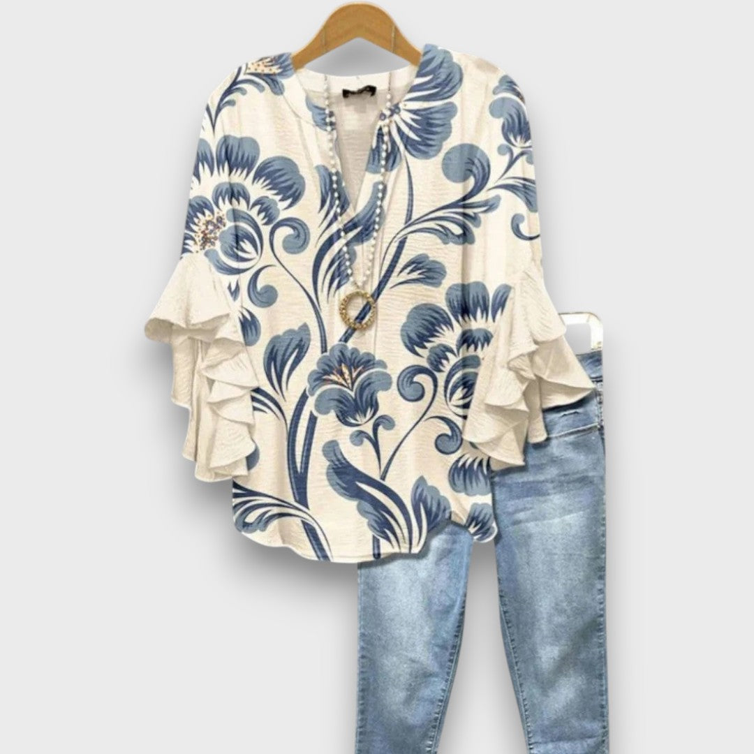 Women's Floral Print V-Neck Blouse with Ruffle Sleeves — Elegant Blue Flower Print Day Blouse for Work & Weekends | Koossa