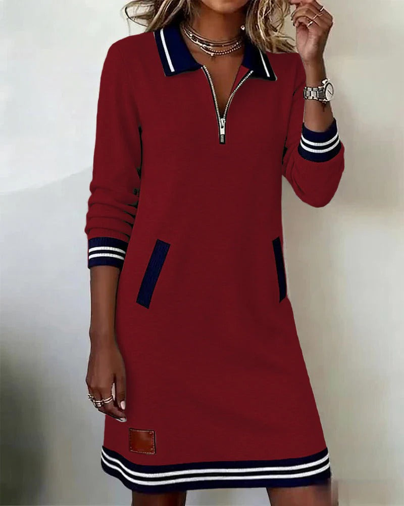 Women's Cotton Blend Shirt Dress with Lapel Collar and Front Zip in Grey | Autumn Casual Smart Comfortable Long Sleeve Midi Dress with Pockets | Koossa