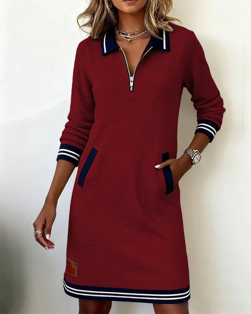 Women's Cotton Blend Shirt Dress with Lapel Collar and Front Zip in Grey | Autumn Casual Smart Comfortable Long Sleeve Midi Dress with Pockets | Koossa