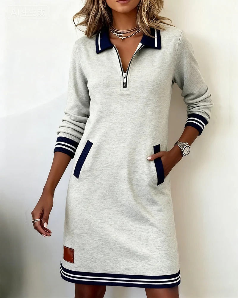 Women's Cotton Blend Shirt Dress with Lapel Collar and Front Zip in Grey | Autumn Casual Smart Comfortable Long Sleeve Midi Dress with Pockets | Koossa