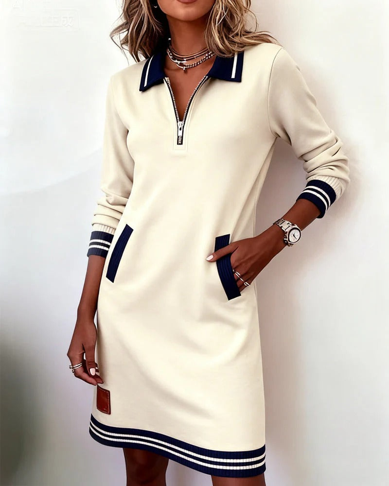 Women's Cotton Blend Shirt Dress with Lapel Collar and Front Zip in Grey | Autumn Casual Smart Comfortable Long Sleeve Midi Dress with Pockets | Koossa
