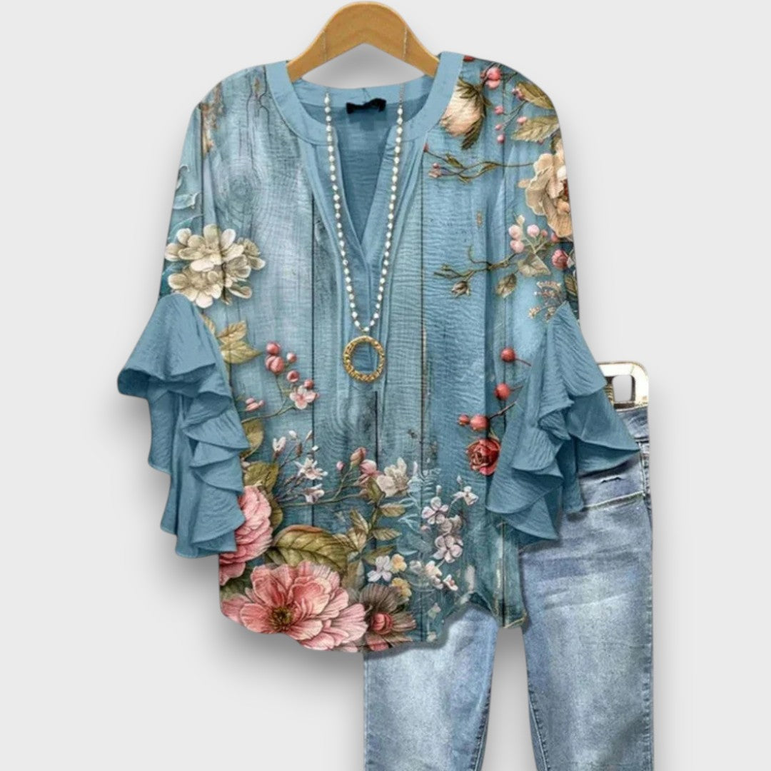 Women's Floral Print V-Neck Blouse with Ruffle Sleeves — Elegant Blue Flower Print Day Blouse for Work & Weekends | Koossa