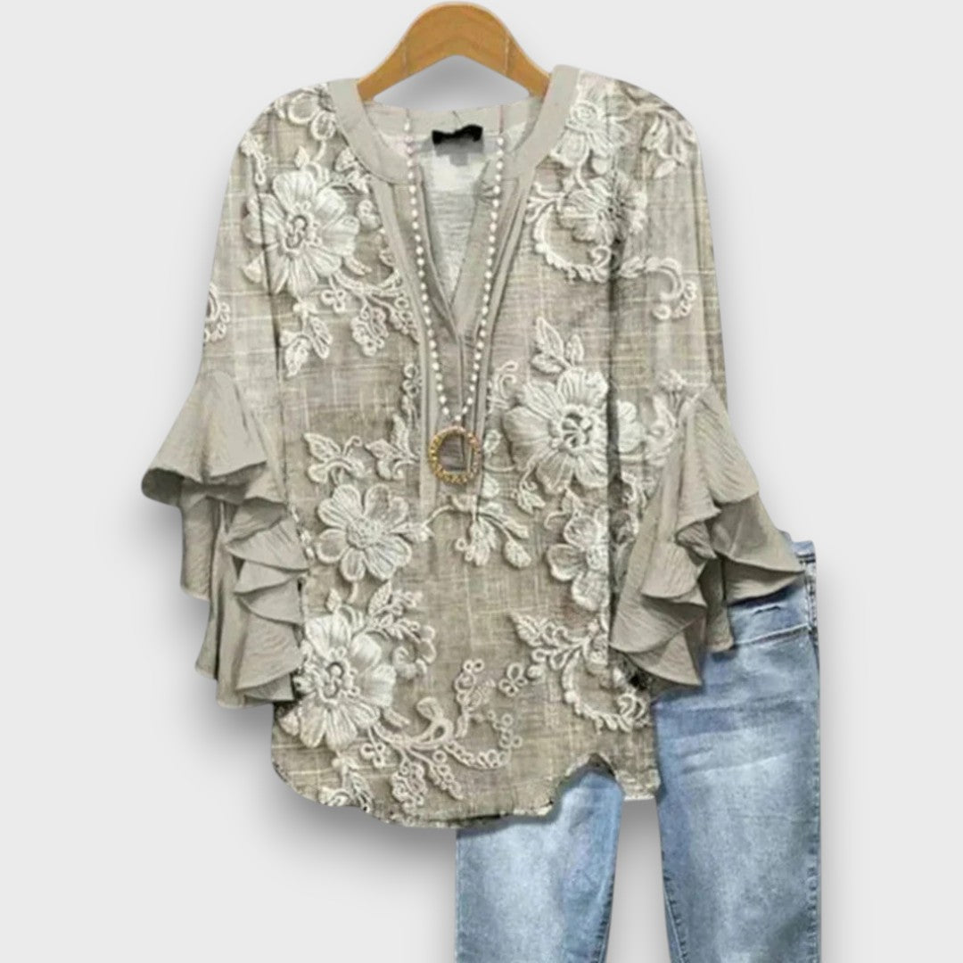 Women's Floral Print V-Neck Blouse with Ruffle Sleeves — Elegant Blue Flower Print Day Blouse for Work & Weekends | Koossa