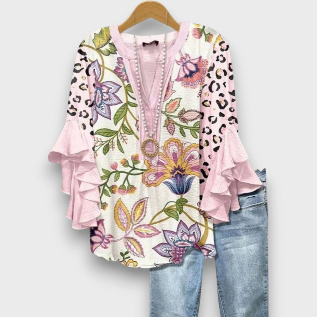 Women's Floral Print V-Neck Blouse with Ruffle Sleeves — Elegant Blue Flower Print Day Blouse for Work & Weekends | Koossa