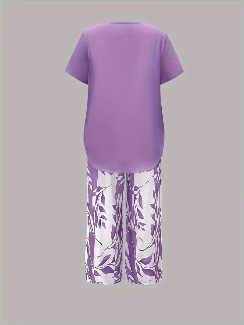 Women's Botanical Leaf Print Two-Piece Co-ord Set in Green Purple Red Sky Blue for Casual Summer Days and Relaxed Weekends | Koossa