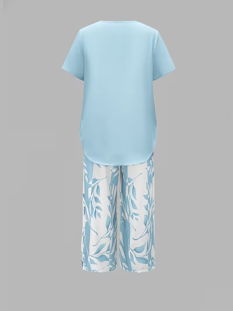 Women's Botanical Leaf Print Two-Piece Co-ord Set in Green Purple Red Sky Blue for Casual Summer Days and Relaxed Weekends | Koossa
