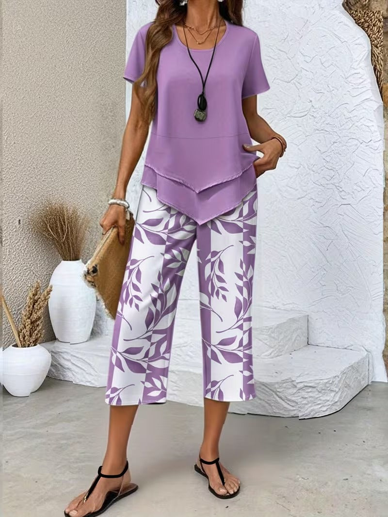 Women's Botanical Leaf Print Two-Piece Co-ord Set in Green Purple Red Sky Blue for Casual Summer Days and Relaxed Weekends | Koossa
