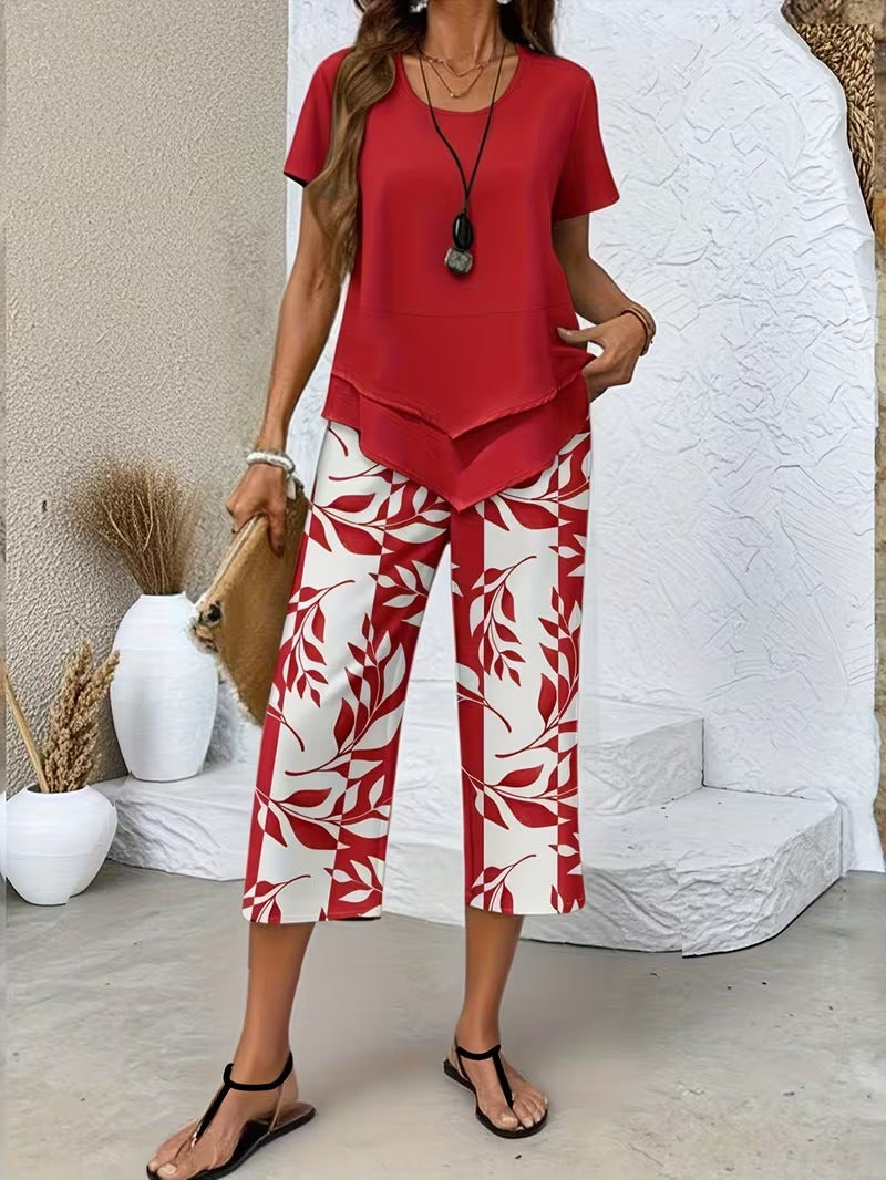 Women's Botanical Leaf Print Two-Piece Co-ord Set in Green Purple Red Sky Blue for Casual Summer Days and Relaxed Weekends | Koossa