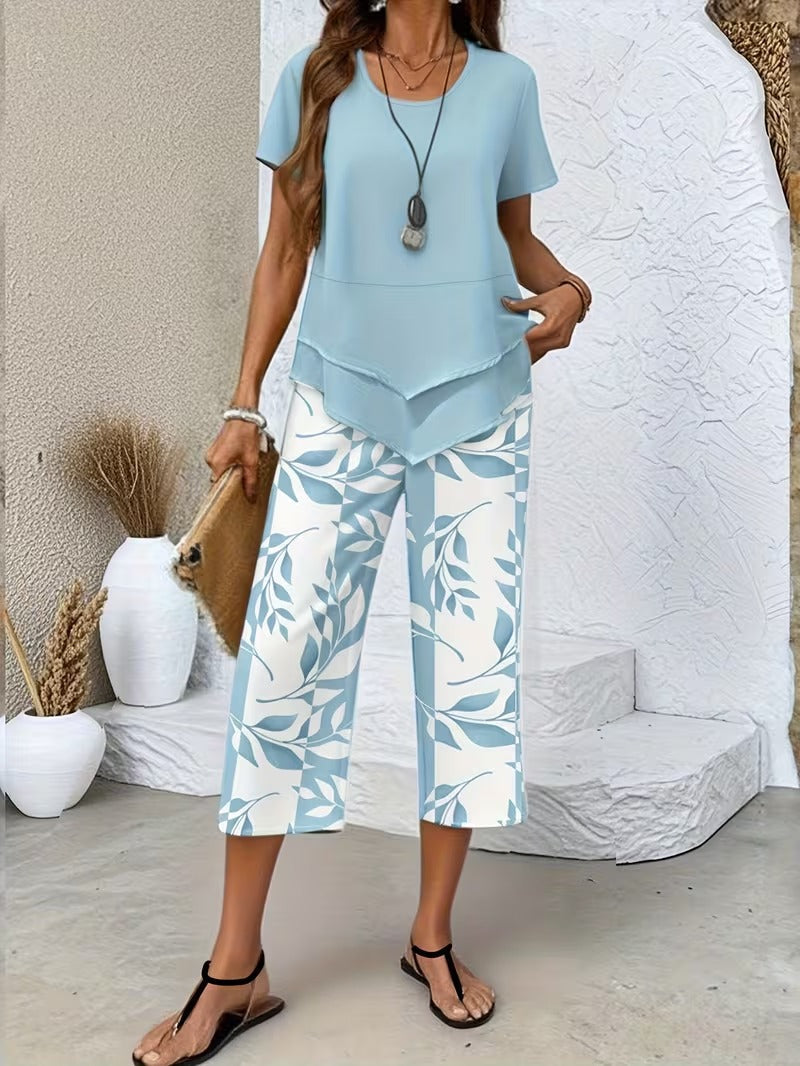 Women's Botanical Leaf Print Two-Piece Co-ord Set in Green Purple Red Sky Blue for Casual Summer Days and Relaxed Weekends | Koossa