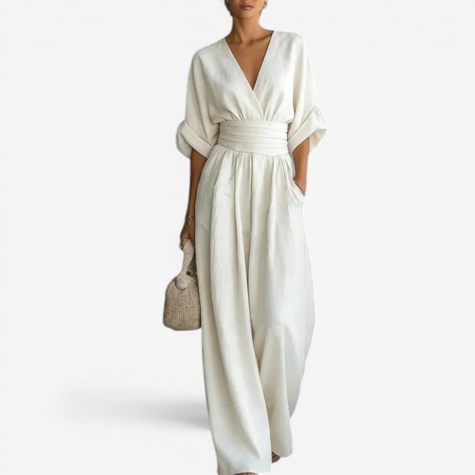 Women's Flowing Wide-Sleeve Jumpsuit with Cinched Waist in Light Blue | Tailored Leg Relaxed Fit V-Neck One-Piece Summer Outfit | Koossa