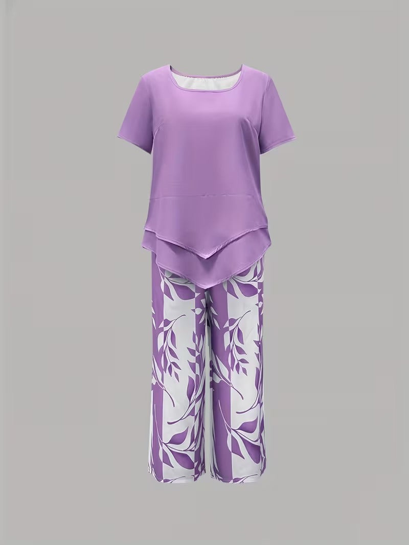 Women's Botanical Leaf Print Two-Piece Co-ord Set in Green Purple Red Sky Blue for Casual Summer Days and Relaxed Weekends | Koossa