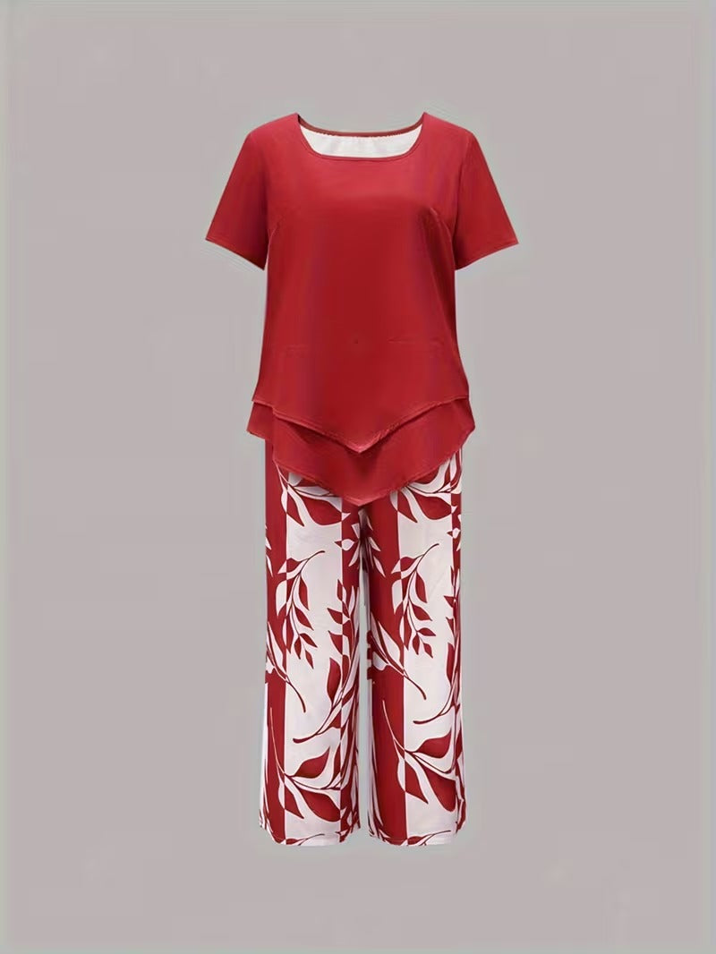 Women's Botanical Leaf Print Two-Piece Co-ord Set in Green Purple Red Sky Blue for Casual Summer Days and Relaxed Weekends | Koossa