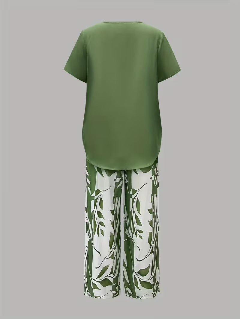Women's Botanical Leaf Print Two-Piece Co-ord Set in Green Purple Red Sky Blue for Casual Summer Days and Relaxed Weekends | Koossa