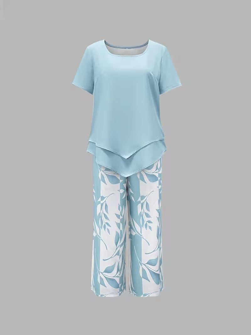 Women's Botanical Leaf Print Two-Piece Co-ord Set in Green Purple Red Sky Blue for Casual Summer Days and Relaxed Weekends | Koossa