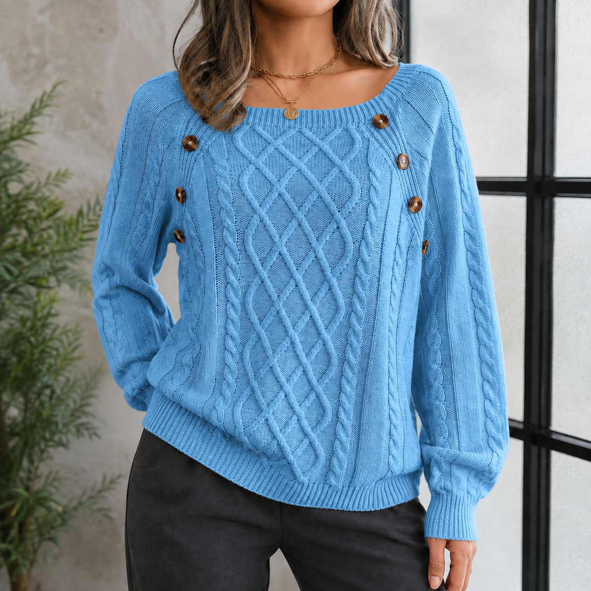 Shoulder Button Cable Knit Pullover Sweater for Women | Chunky Ribbed Crewneck Jumper Fall Winter | Classic Textured Long Sleeve Top | Lonoma