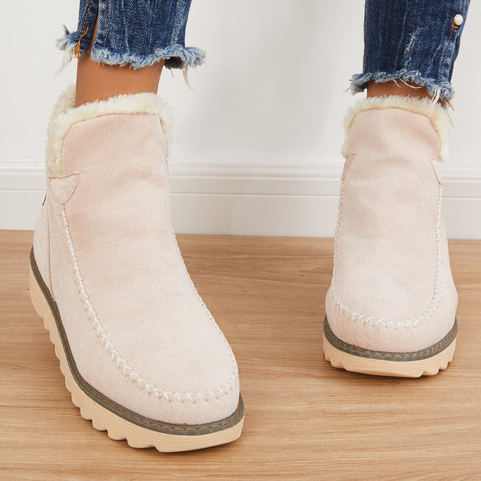 Women's Slip-On Ankle Boots with Platform Sole and Stitch Detail in Khaki, Brown, and Black | Comfortable Winter Footwear for Everyday Wear | Koossa