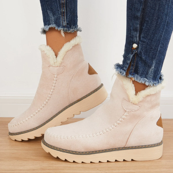 Women's Slip-On Ankle Boots with Platform Sole and Stitch Detail in Khaki, Brown, and Black | Comfortable Winter Footwear for Everyday Wear | Koossa