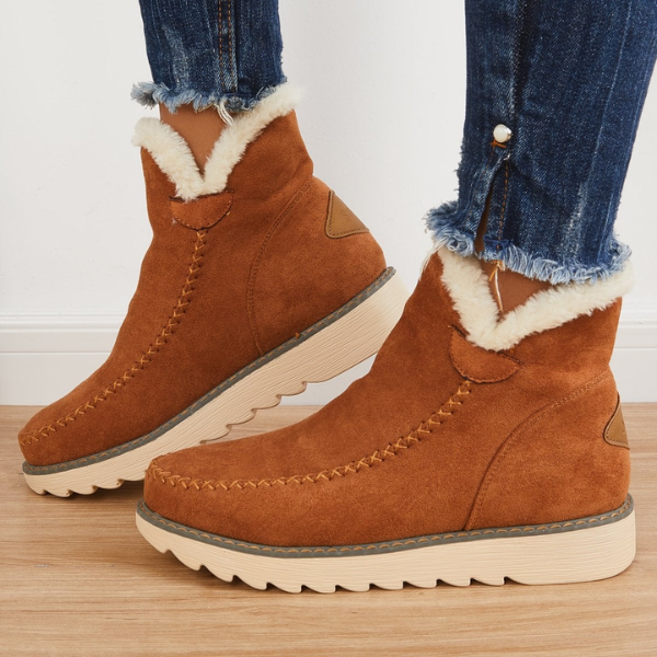 Women's Slip-On Ankle Boots with Platform Sole and Stitch Detail in Khaki, Brown, and Black | Comfortable Winter Footwear for Everyday Wear | Koossa