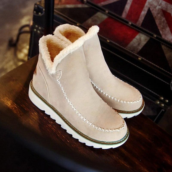 Women's Slip-On Ankle Boots with Platform Sole and Stitch Detail in Khaki, Brown, and Black | Comfortable Winter Footwear for Everyday Wear | Koossa