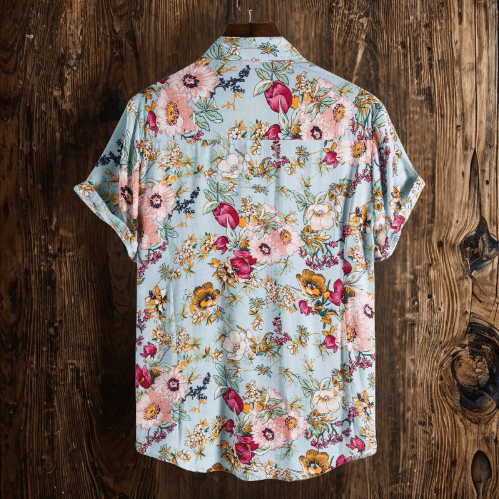 Men's Short Sleeve Cotton Shirt in Light Blue Floral Print – Relaxed Holiday Style | Koossa