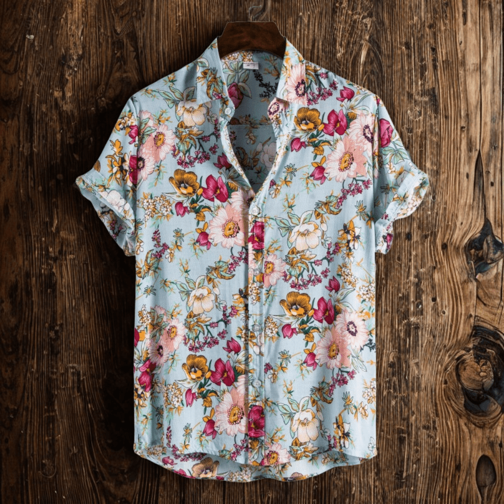 Men's Short Sleeve Cotton Shirt in Light Blue Floral Print – Relaxed Holiday Style | Koossa