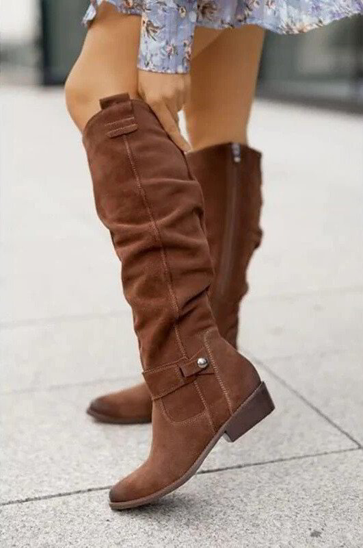 Women's Knee-High Boots with Ruched Shaft and Low Block Heel in Soft Suede-Effect Fabric | Classic Tall Boots with Side Zip and Comfortable Walking Heel for Autumn and Winter | Koossa