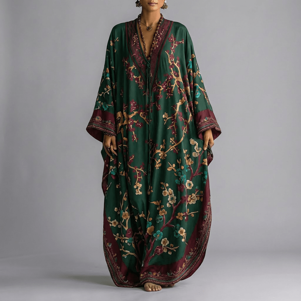 Women's Plum Blossom Print Batwing Maxi Dress with Pockets for Spring Garden Parties Beach Holidays Flowing Feminine Vintage-Inspired Silhouette | Koossa