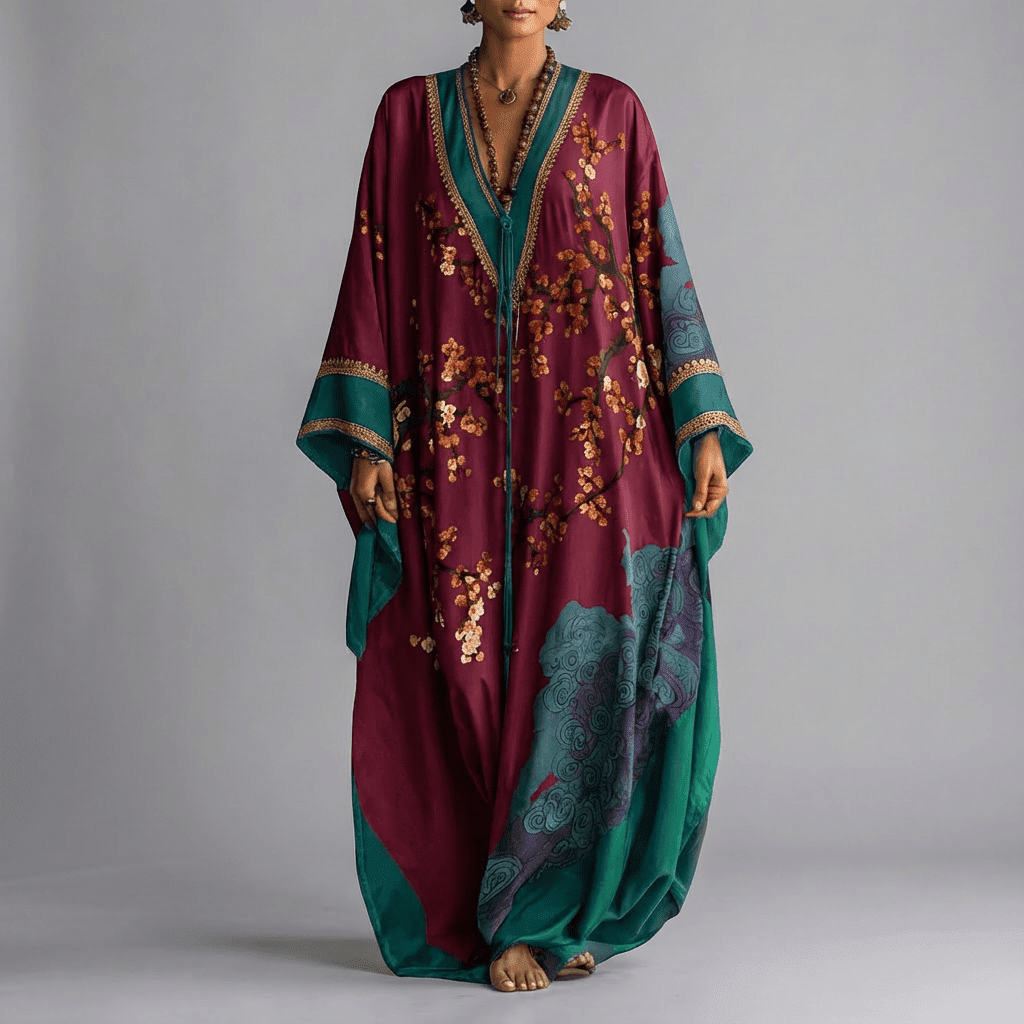 Women's Plum Blossom Print Batwing Maxi Dress with Pockets for Spring Garden Parties Beach Holidays Flowing Feminine Vintage-Inspired Silhouette | Koossa