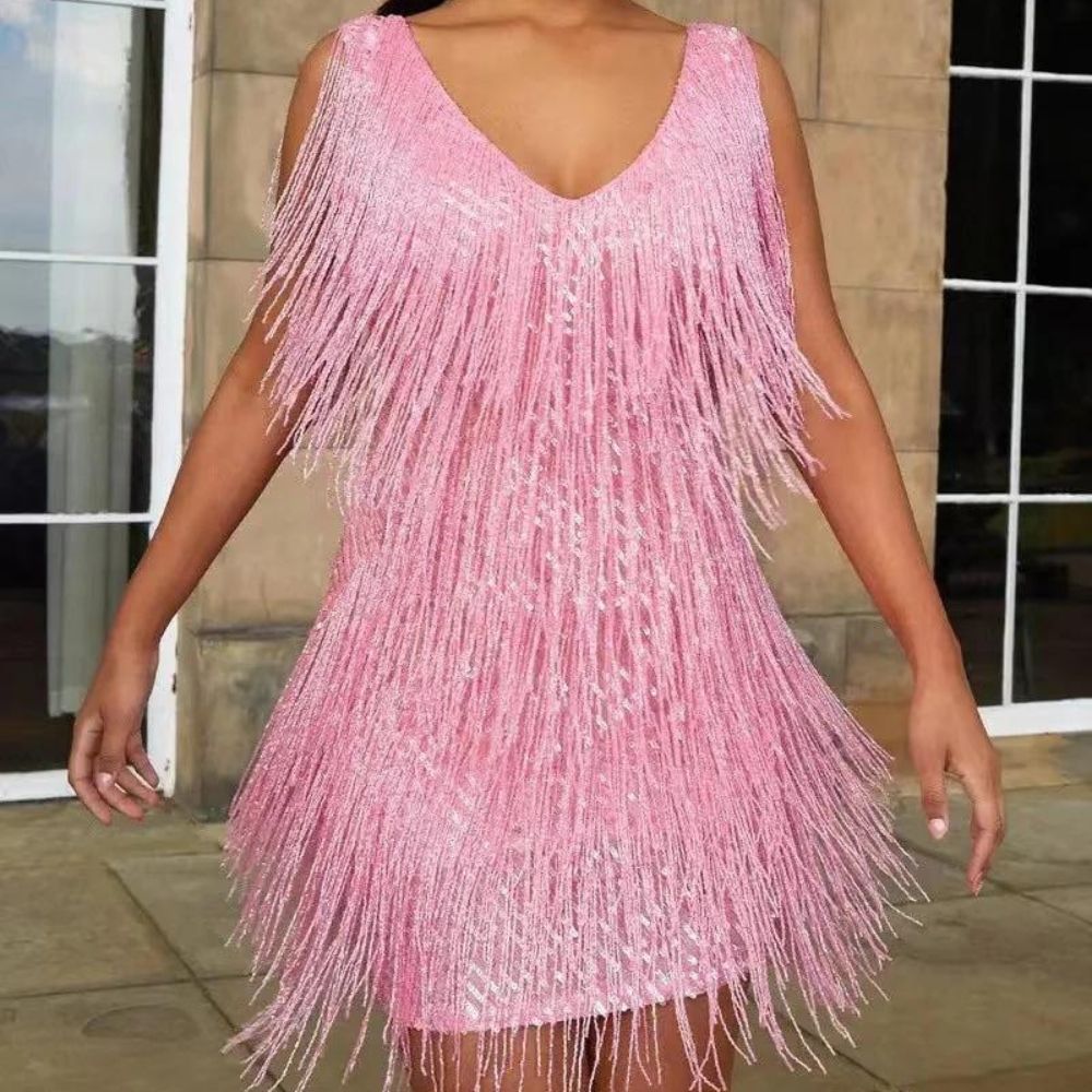 Fringed Mini Dress with V-Neckline in White, Gold, Pink and Black for Special Occasions | Koossa
