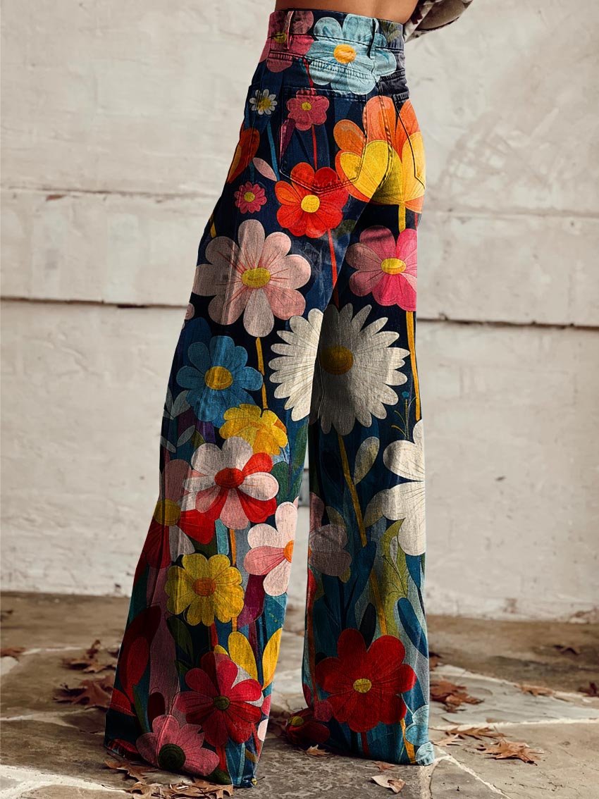 Women's Wide Leg Trousers with Floral Print — Elegant High Waisted Palazzo Trousers for Everyday & Casual Wear | Koossa