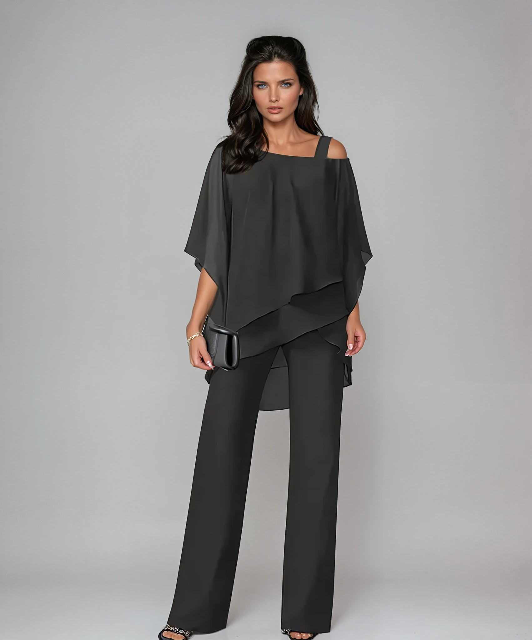 Women's Tiered Layered Two-Piece Set in Flowing Fabric for Special Occasions | Effortless Coordinating Top and Wide-Leg Trousers | Koossa