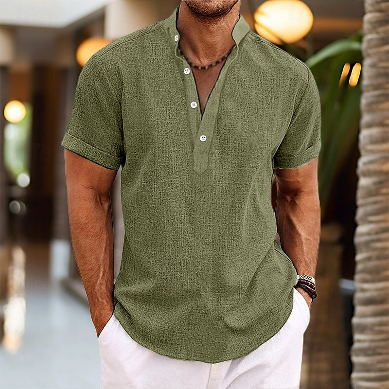 Men's Short Sleeve Band Collar Shirt in Lightweight Cotton Blend for Summer Occasions and Casual Weekend Wear | Koossa