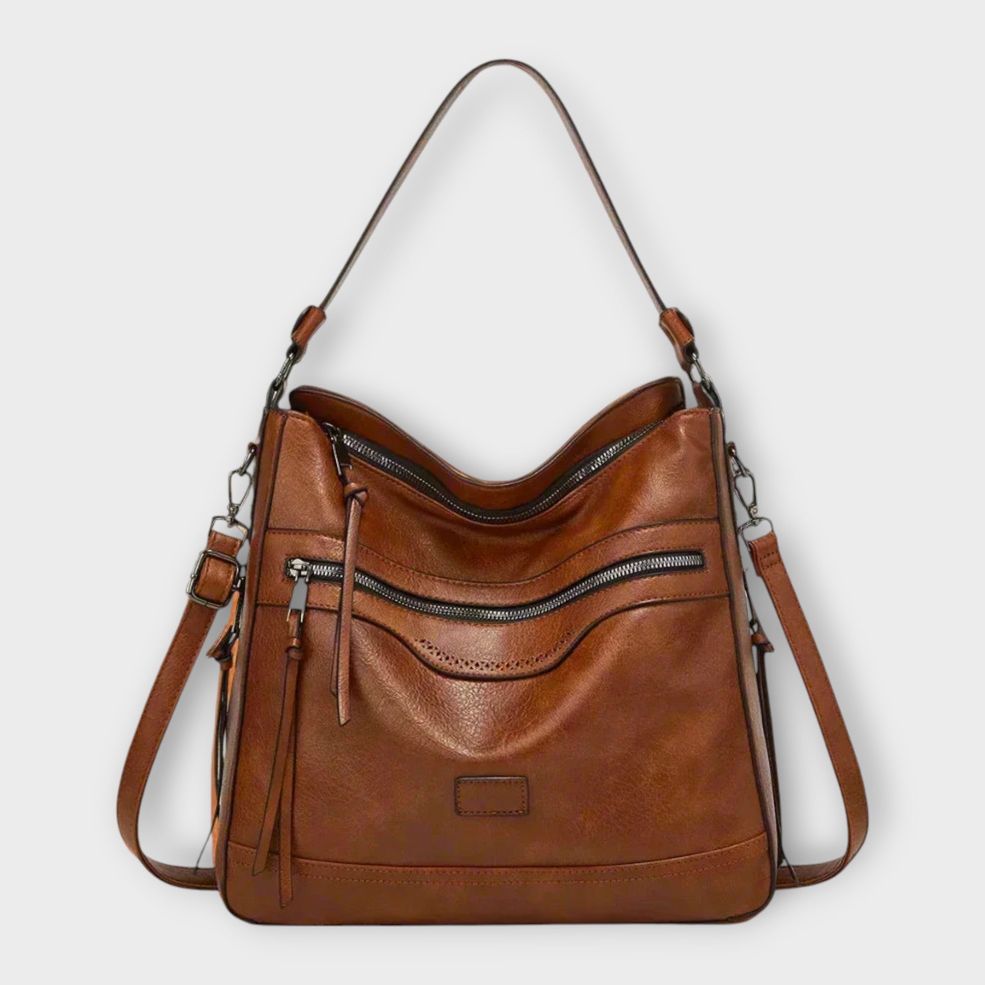 Structured Shoulder Bag with Layered Zip Detail and Adjustable Strap in Black Coffee Brown Casual Everyday Handbag | Koossa