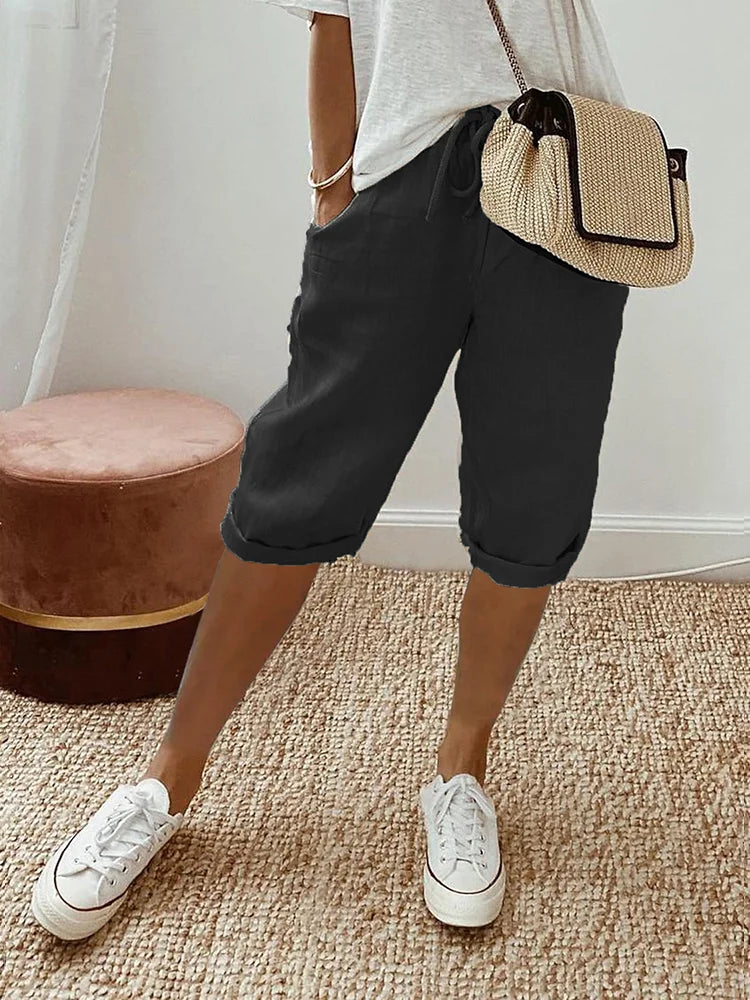 Women's Cropped Linen Trousers with Drawstring Waist in Relaxed Fit | Breathable Summer Trousers | Koossa