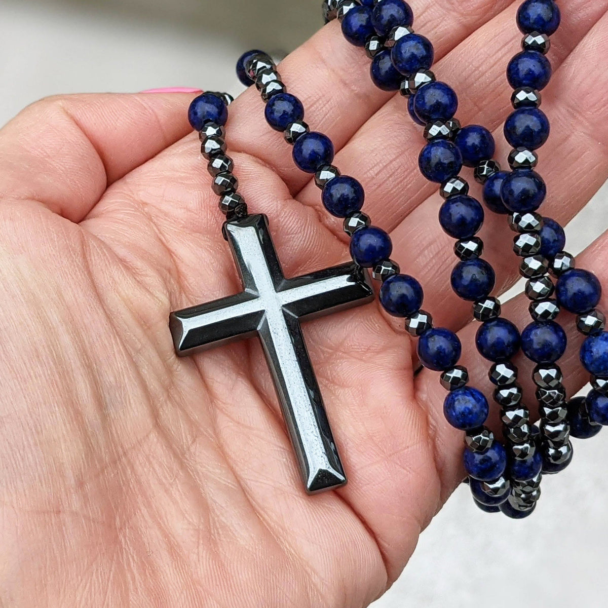 Natural Stone Rosary Necklace with Cross Pendant for Men – Tiger Eye, Lapis Lazuli, Jasper – Adjustable Length Beaded Chain | Lonoma