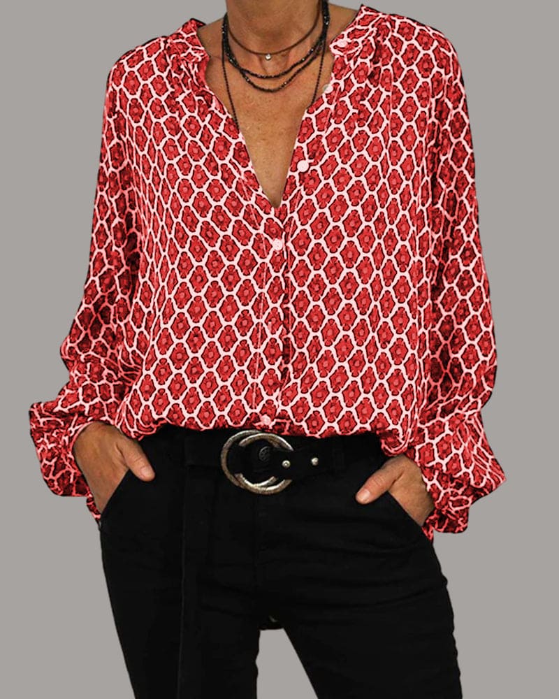 Women's V-Neck Geometric Print Blouse — Classic Long Sleeve Button-Front Shirt for Everyday & Office Wear | Koossa