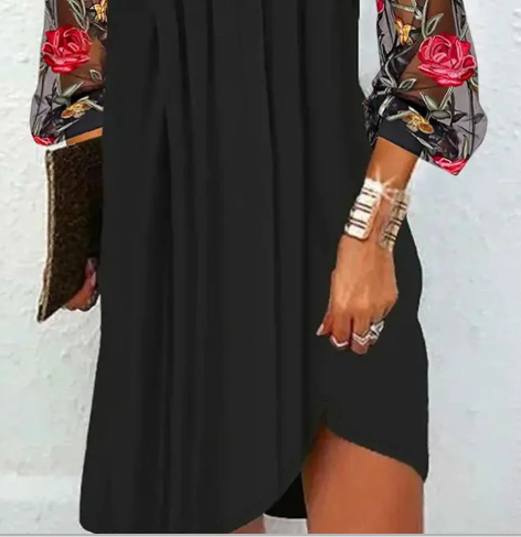 Women's Floral Embroidered Sleeve Black Dress | Timeless Elegance V-Neck Evening Dress with Sheer Tulle Sleeves for Formal Occasions and Special Events | Koossa