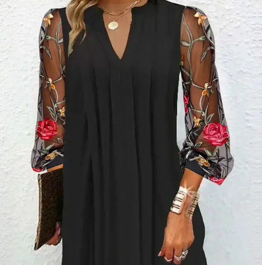 Women's Floral Embroidered Sleeve Black Dress | Timeless Elegance V-Neck Evening Dress with Sheer Tulle Sleeves for Formal Occasions and Special Events | Koossa