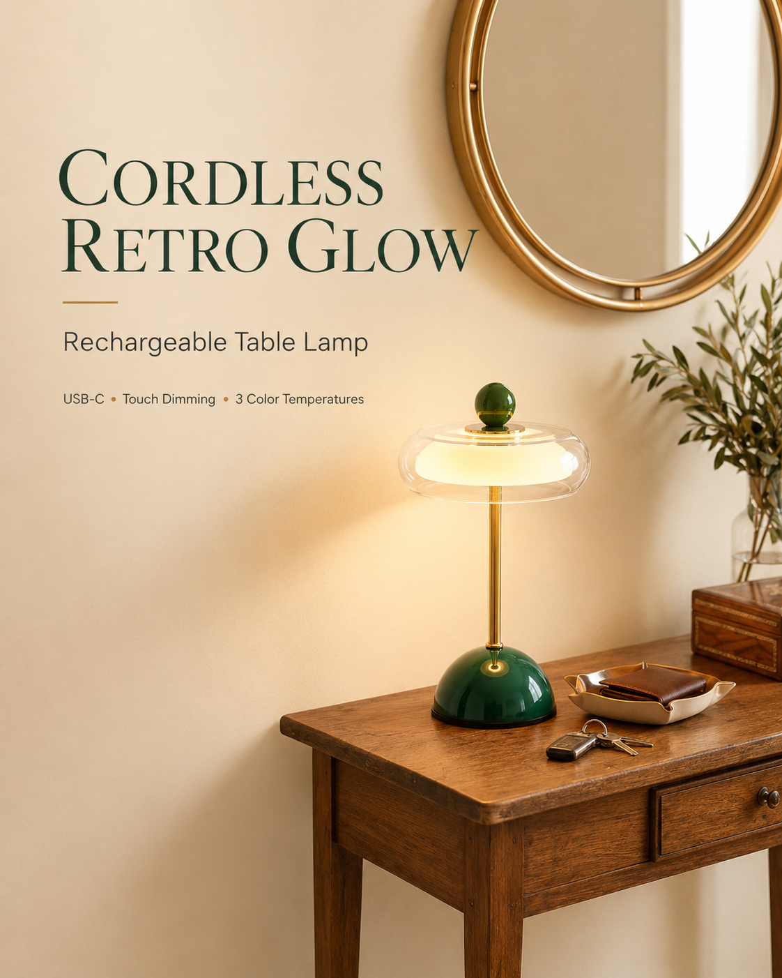 Cordless Glass Table Lamp, Rechargeable Dimmable USB-C Retro Touch Lamp, 3 Color Temperatures for Bedroom, Desk & Living Room | Lonoma